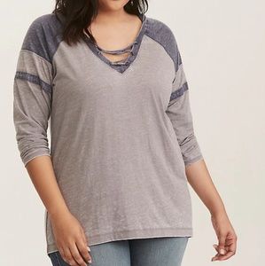 TORRID GREY & NAVY LACE UP FOOTBALL HOODIE